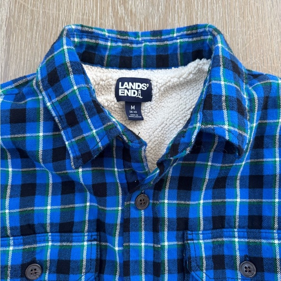 Lands End men’s blue plaid fleece lined collar button down shirt coat medium - Picture 4 of 4
